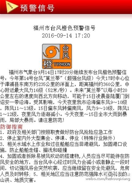 八点播报:福州市台风橙色预警信号 或于15日凌