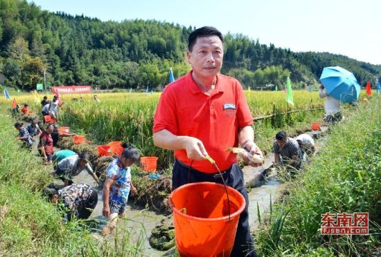 仁厚村村民在科技示范基地捕获稻花鱼 通讯员李福根 摄